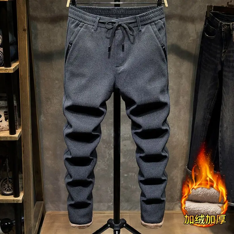 Corridores esportivos de pelúcia masculina, comprimento total, calça elástica na cintura, cordão espesso, casual, moda coreana, outono e inverno