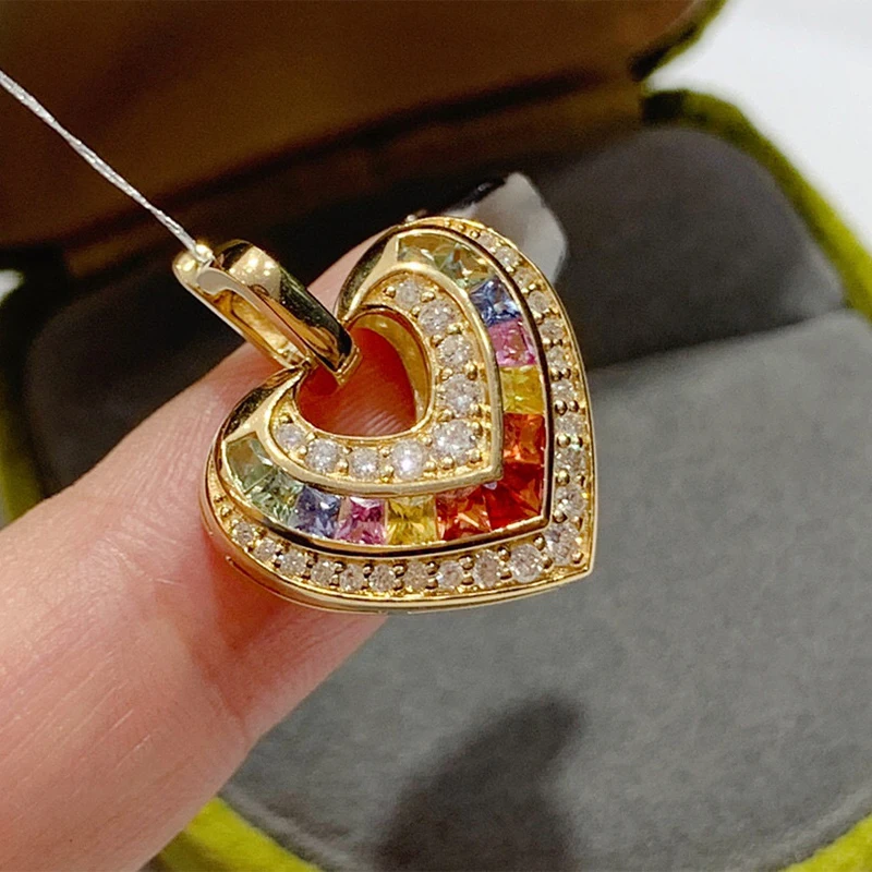 Aazuo Fine Jewery18K Yellow Gold Natural Sapphires Real Diamonds Lovely Rainbow Heart Pendent Without Chain Gifted For Women