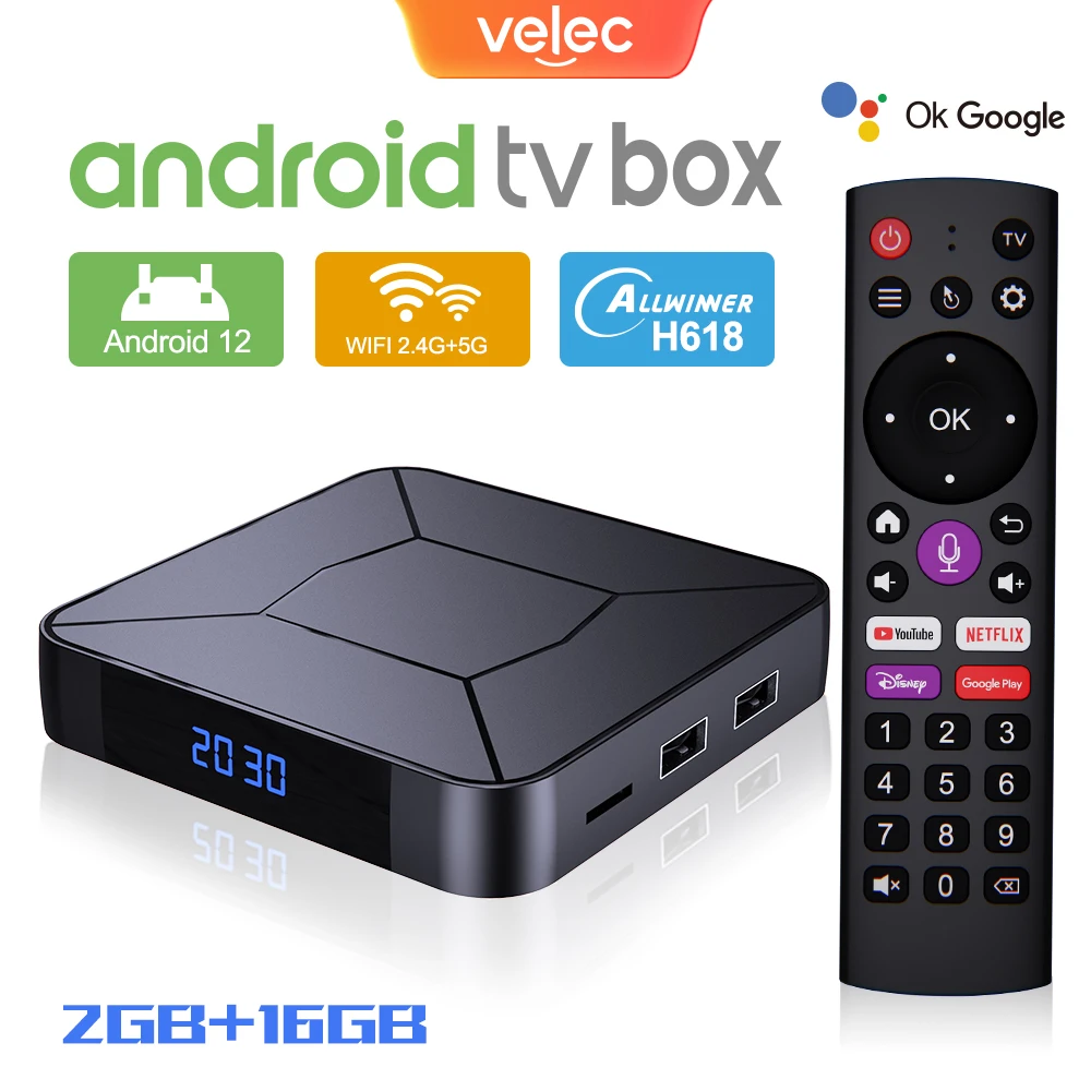 

Velec TV Box Android 12 Allwinner H618 Quad Core BT5.2 Dual WiFi 4K Media Player 2GB 16GB BT Voice Remote Smart Set Top Box