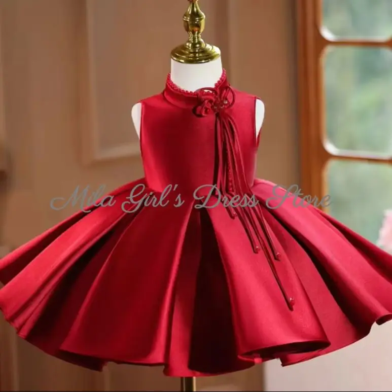 Children Elegant Red Flower Girl Dresses Cute Birthday Party Princess Mini Ball Gowns Satin High Neck First Communion Gown