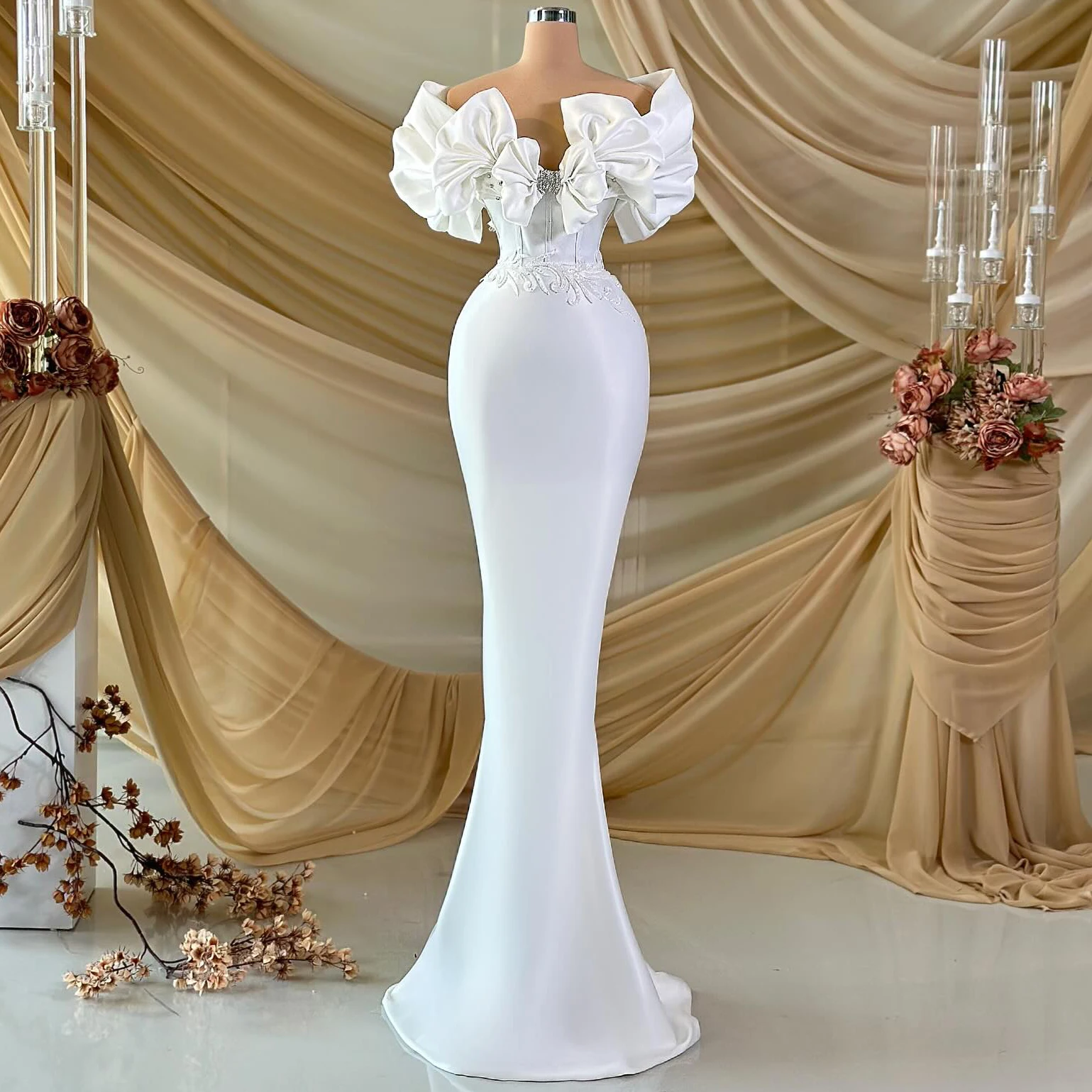 Vintage Fashion Design Customized Wedding Dress Elegant Satin Pleated Mermaid فساتين سهرة   Vestidos de novia