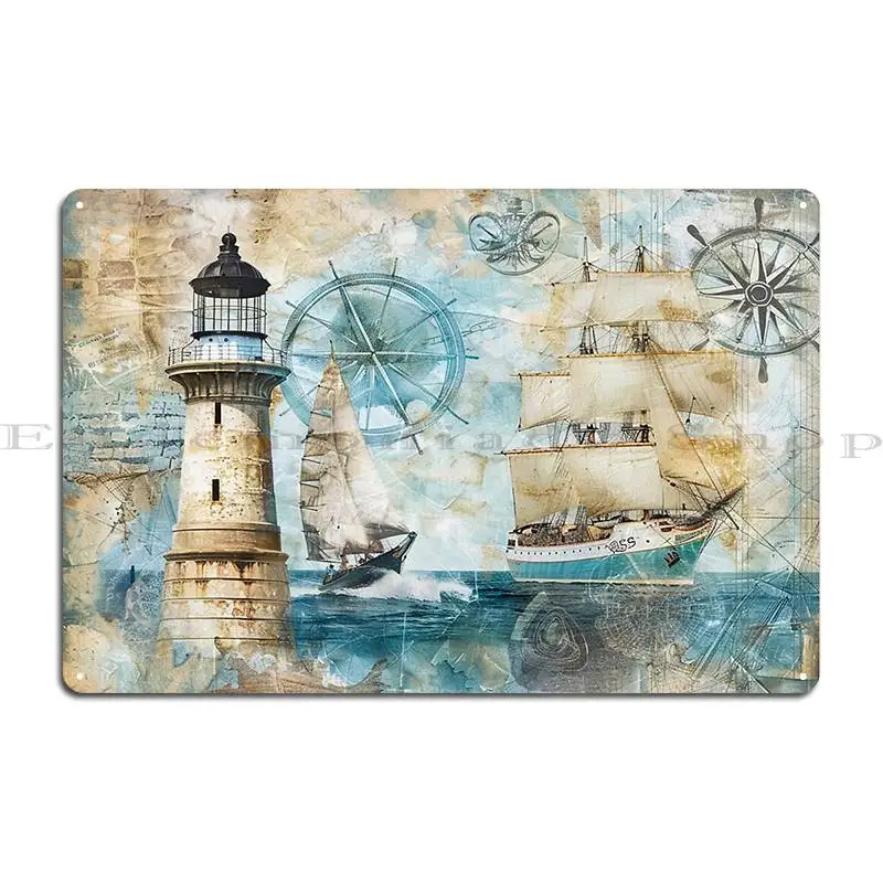 Vintage Nautical Art With Lighthouse Sailing Ships And Marine Compasses Metal Sign Designing Printing Classic Tin Sign Poster