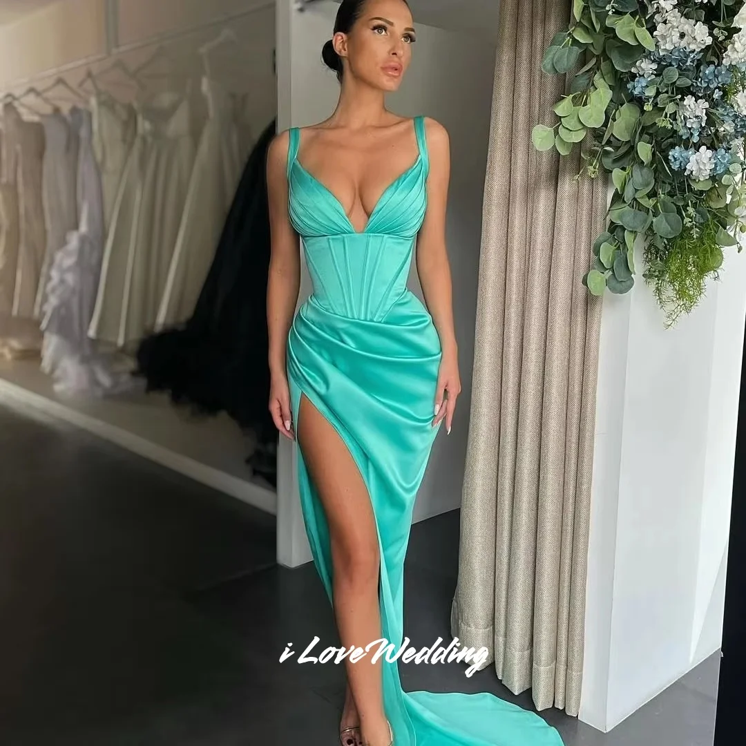 

Green V-Neck Evening Dresses 2025 Spaghetti-Strap Sleeveless Mermaid Backless Split Floor-Length Prom Dresses Pleated Customized
