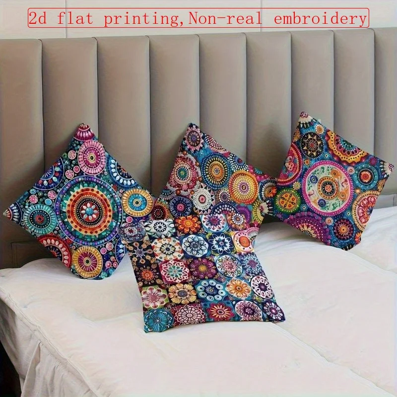Juego de 4 piezas, Funda de Almohada Estilo Bohemio Étnico con Impresión 2D Plana, Material de Poliéster, Varios Tamaños, Lavabl