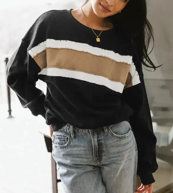 

Women's Sweatshirts 2026 Spring Autumn New Color Blocking Round Neck Long Sleeve Loose Fit Casual Daily Pullover Top