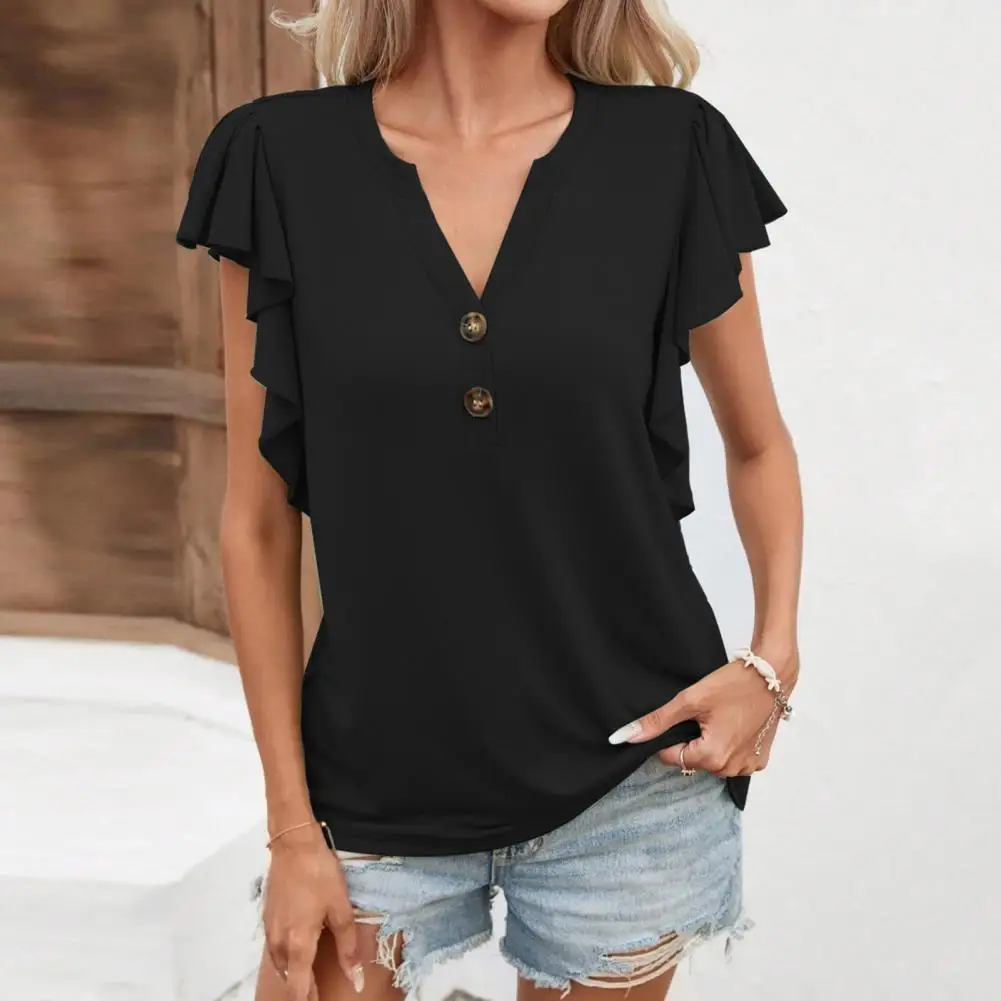 Top de manga con volantes para mujer, Camiseta con cuello en V, botones, Tops de media tapeta, Jersey suave, camiseta suelta elástica, ropa de calle de verano