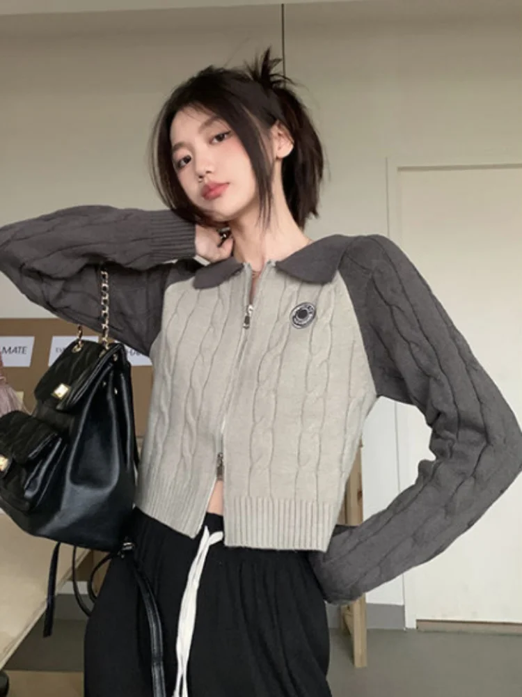 Vintage Contrast Color Knitted Cardigan Slim Double Zipper Basic Cropped  Y2k Aesthetic Twist Turn Down Collar Top Women