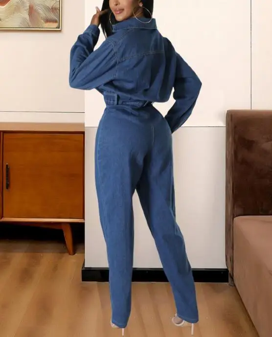

Slim Fit Washed Denim Jumpsuit Elastic Waist Small Toe with Pockets for Women Casual Comfortable Jumpsuit