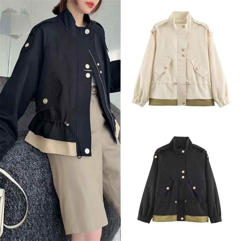 Guobioziy 2026 Fall New Women's Jacket Long Sleeve Patchwork Loose Pleated Jacket Trench Coat Parka Trendy and Stylish