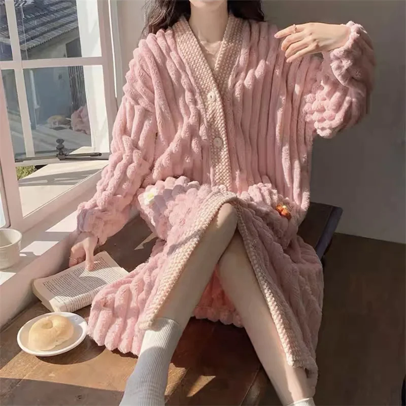 Women Coral Fleece Nightgown With A High-end Feel And Pure Desire For Style. Female Long Length Wth Sweet Thick Flannel Bathrobe