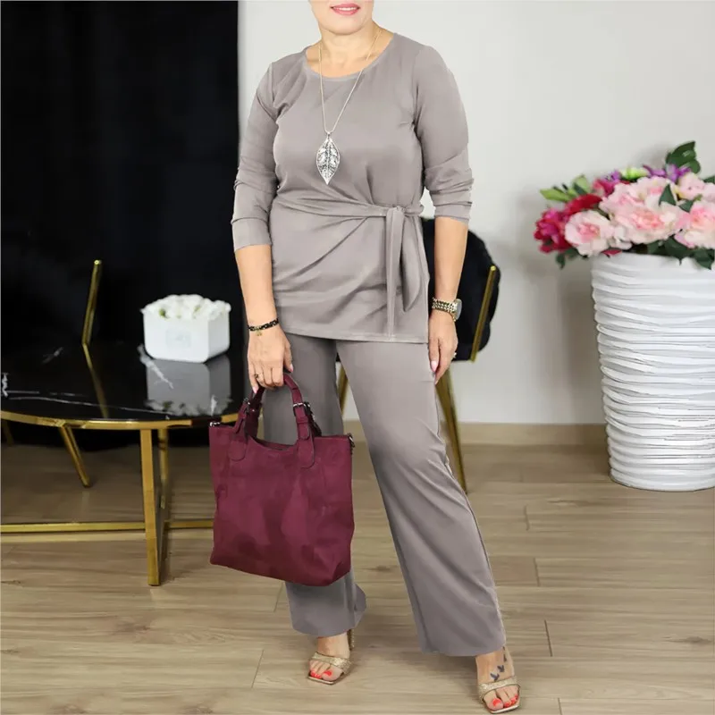 

Простой стильный однотонный женский костюм-двойка для весны и осени: модный свободный топ с круглым вырезом + брюки, комплект с дизайнерским топом на шнуровке