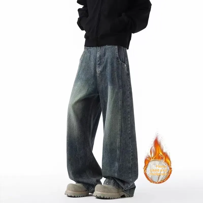 

Джинсы унисекс с флисовой подкладкой, повседневные, с дизайнерскими элементами, осенне-зимние, модные, со средней посадкой, на молнии