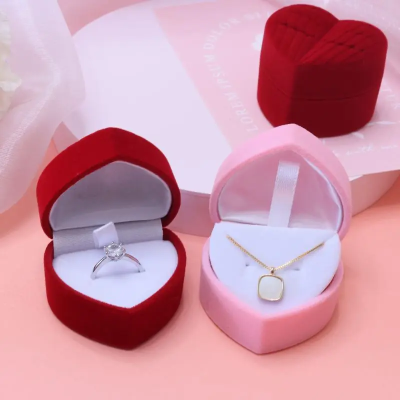 1pcs Red Pink Heart Shape Ring Box Romantic Proposal Engagement Wedding Ring Display Storage Flannel Jewelry Case Gift Packaging