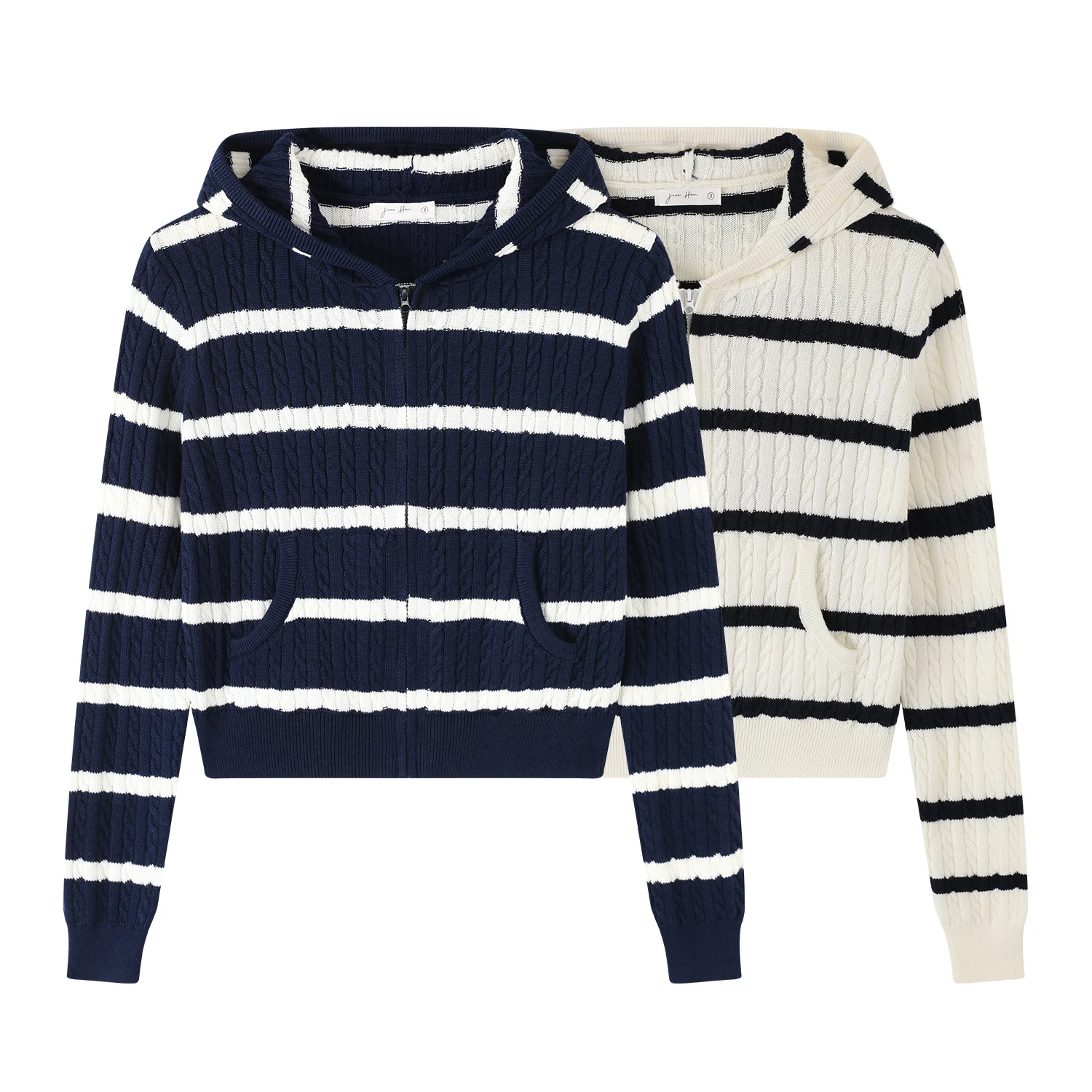 Elegant Striped Hooded Zipper Knitted Open Cardigan Women's Autumn Winter New Unique Beautiful Casual Sweater Jacket