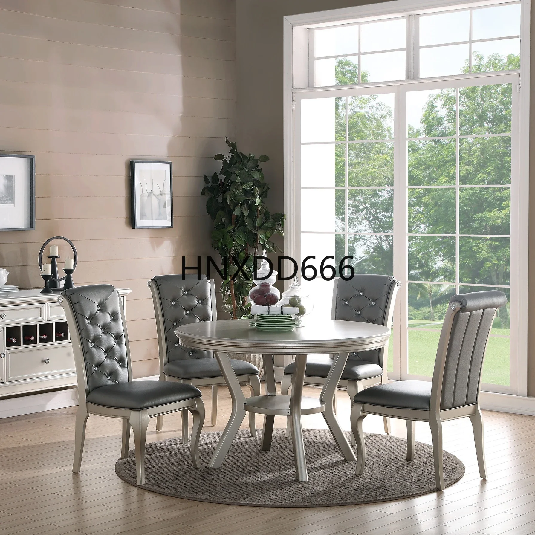 Formal Traditional Dining Table Round Table Silver Hue 5pc Dining Table w Shelf 4x Side Chairs Tufted Back Dining Room Furniture