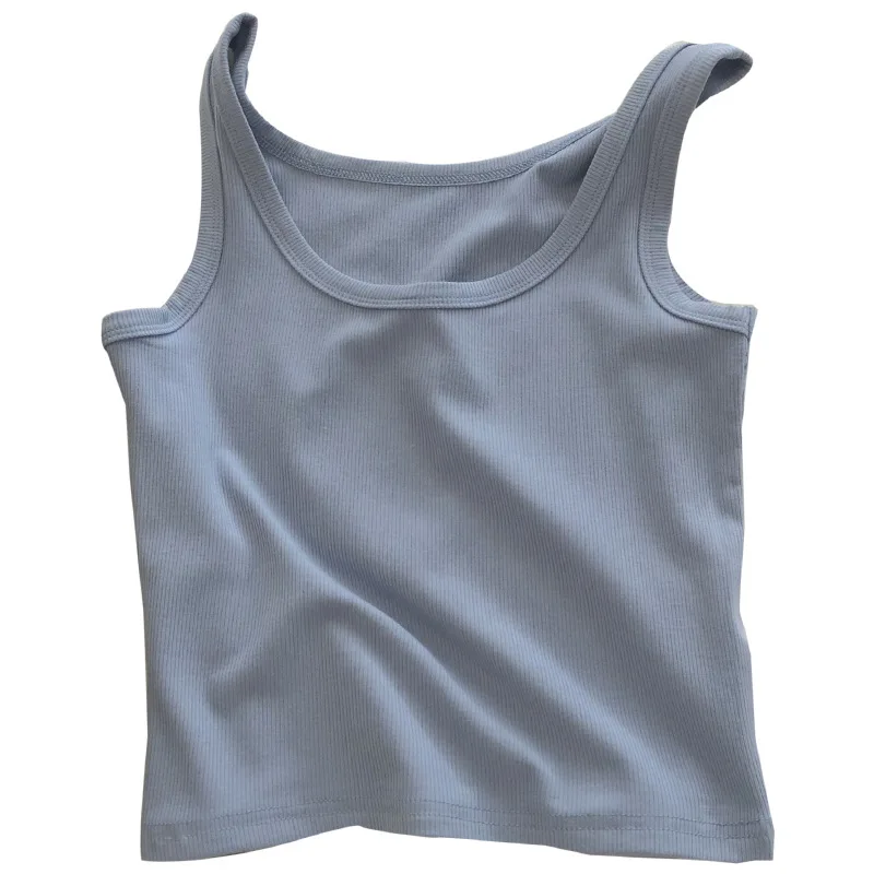 Fashionable Summer Solid Color Round Neck Threaded Elastic Vest for Women, Slim Fit and Slimming, Short Inner Top