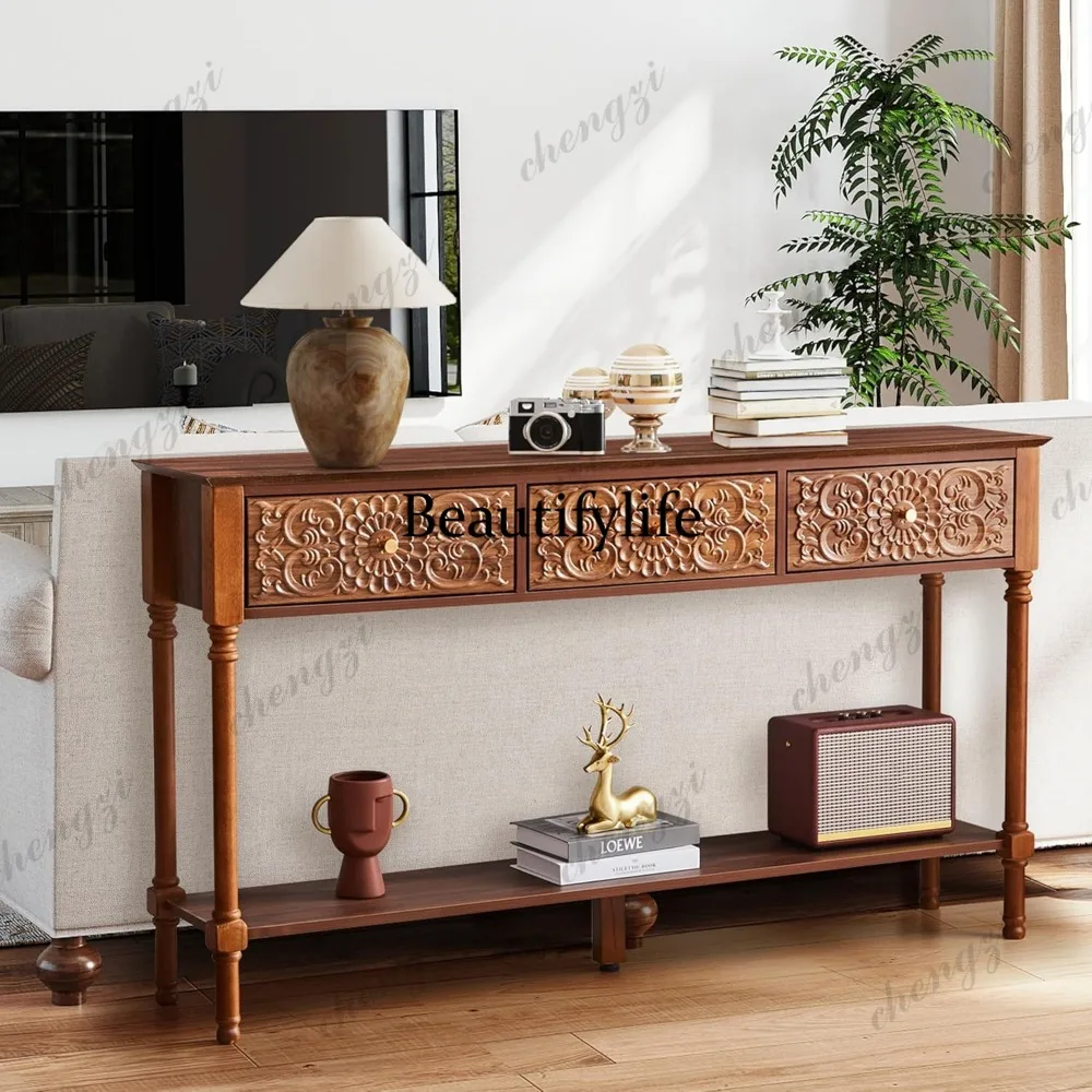 z331 Sturdy 55.5 Carved Console Table with 3 Drawers, 2-Tier Sofa Table with Glossy Floral Surface and Solid Wood Legs, Mid-Cent