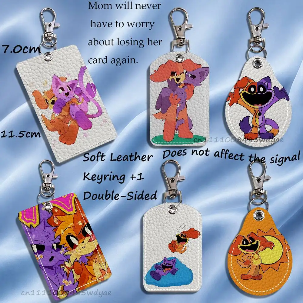 C-Catnap and D-Dogday Rectangle ID Card Case Keychain Access Card Bag Key Tag Ring Leather Card Holder Key Ring