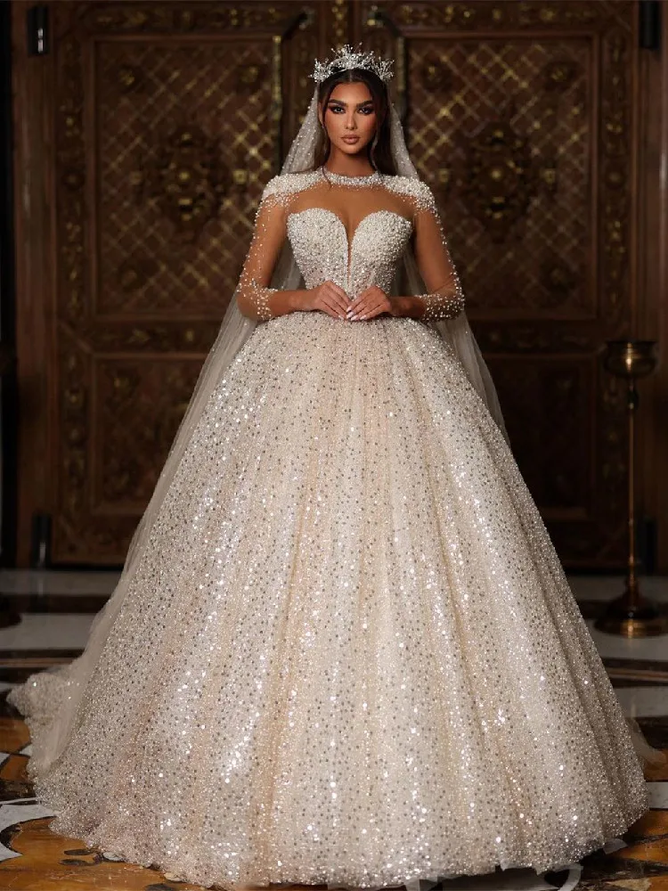 

Luxury Ball Gown Wedding Dresses Long Sleeves V Neck Sequins Lace Appliques Ruffles Beads Pearls Bridal Gowns Vestina De Novia