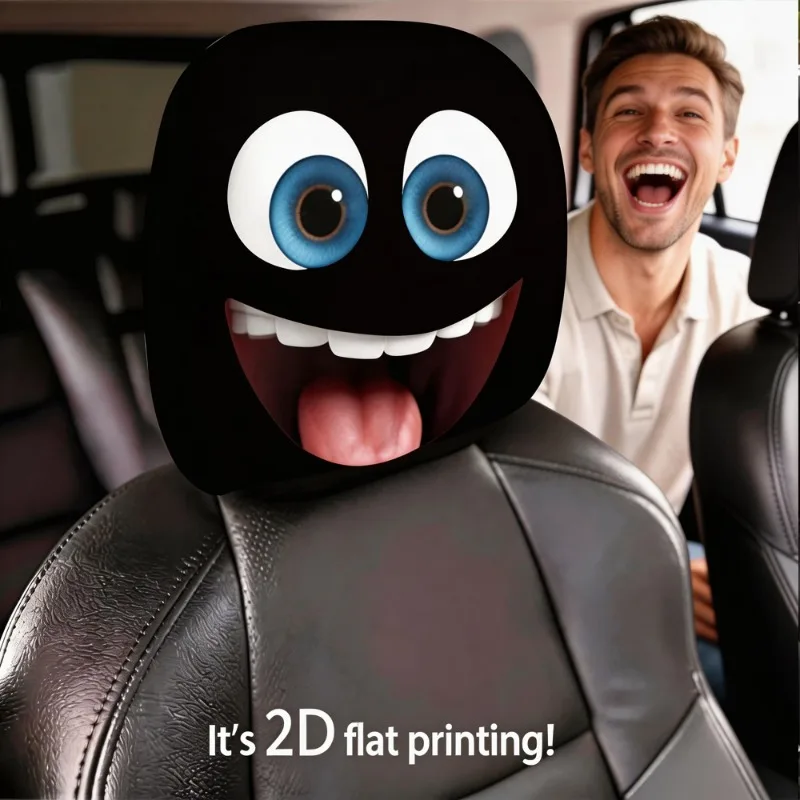 Funny Big Smile Blue Eyes Cartoon Car Headrest Cover 2PCS,Universal Fit Auto Head Rest Protector, Car Interior Decor Accessories image 2