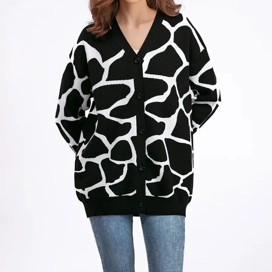 ผู้หญิงเสื้อสเวตเตอร์ถักเสื้อกันหนาวหลวม V คอพิมพ์เสื้อแขนยาวฤดูใบไม้ผลิสีชมพูเสื้อฤดูใบไม้ร่วงฤดูหนาว Elegant ถักเสื้อสเวตเตอร์ถัก