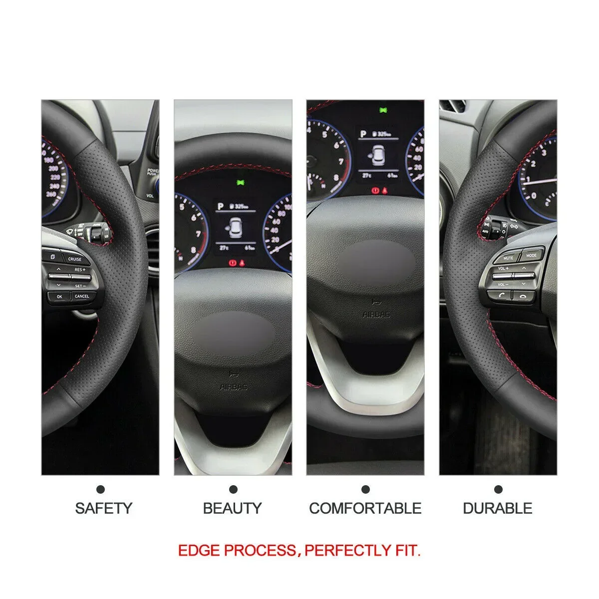 DIY Black PU Leather Car Steering Wheel Cover Wrap For Hyundai Kona 2018 2019 2020 Car Accessories