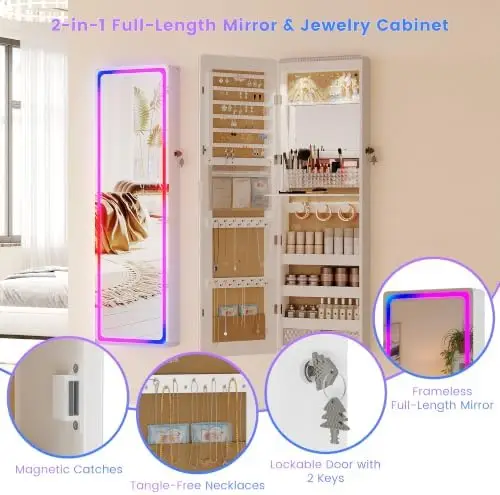 47.2" RGB Lockable Mirror Jewelry Cabinet,Wall Door Hanging Organizer,White | Jewelry Organizer with Lock, Large view 3
