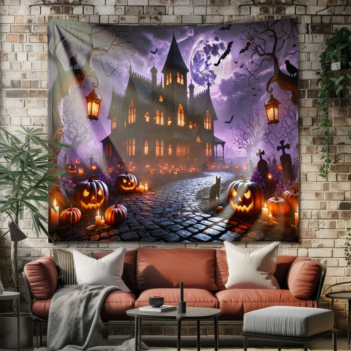 1pc Halloween haunted house pumpkin lantern moonlit tapestry tapestry background wall decoration space pendant gift backdrop