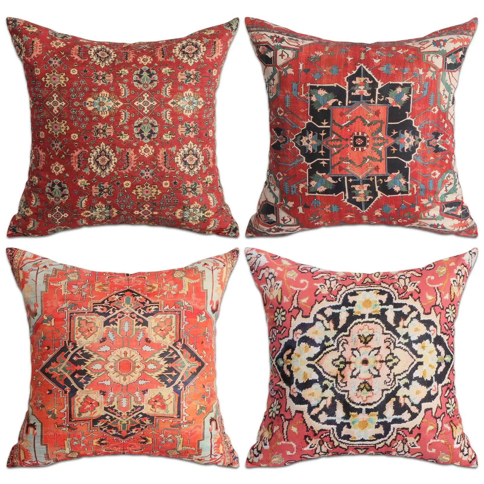 4 Pcs Double Sided Red Persian Kilim Cushion Covers, Bohemian Tribal Vintage Rug Print Throw Pillow Cases (No Inserts)
