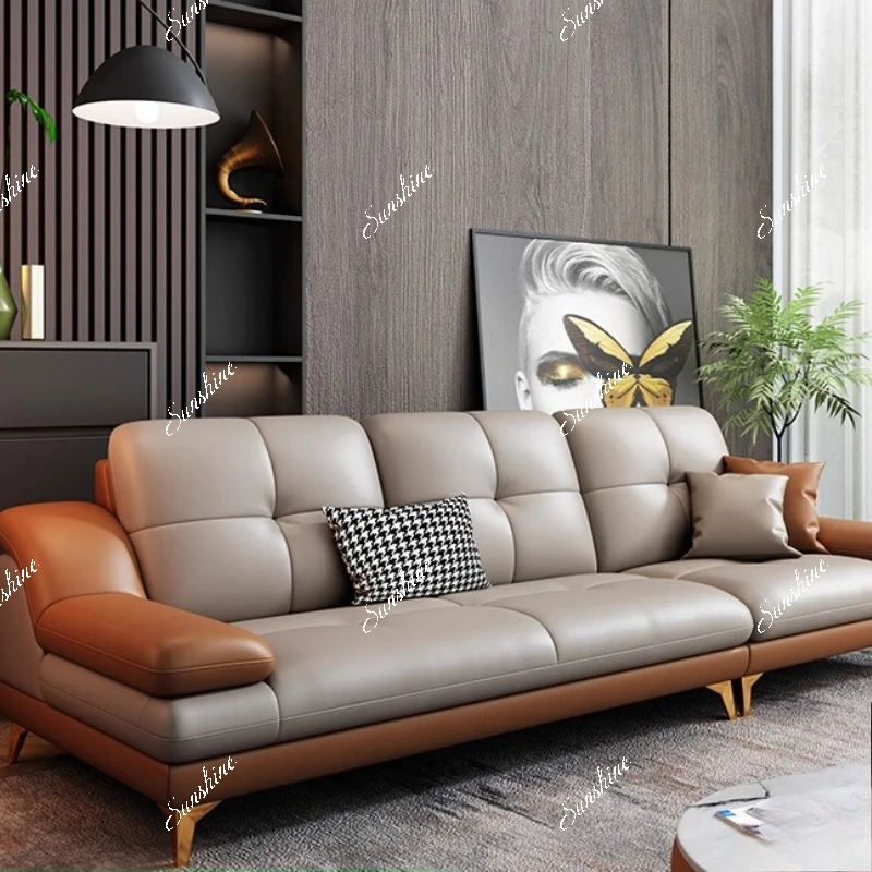 

Leather sofa living room modern simple light luxury small apartment three-in-line Italian minimalist