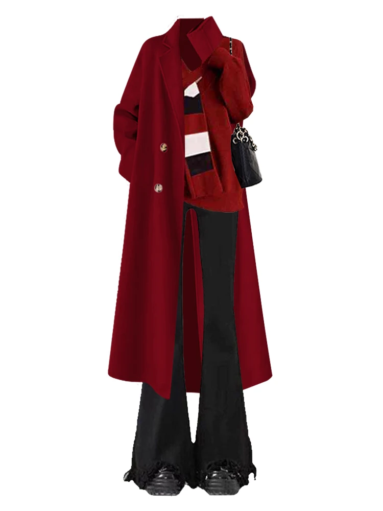 Winter Cisas Red Women's Korean Sle Long Knitted Sweater Coat Flared Pants Set Faionable Tee-Piece Suit for Ladies
