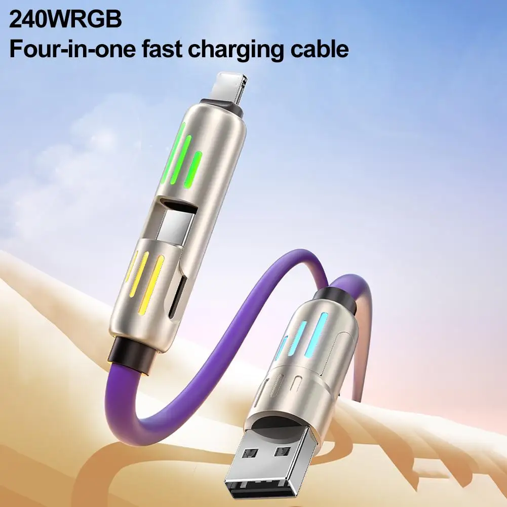 4-in-1 240w Superfast Charging Cables USB A Type-C Lightning Cable 240w 240W Power De Multi Fast Charging Cable With RGB Light