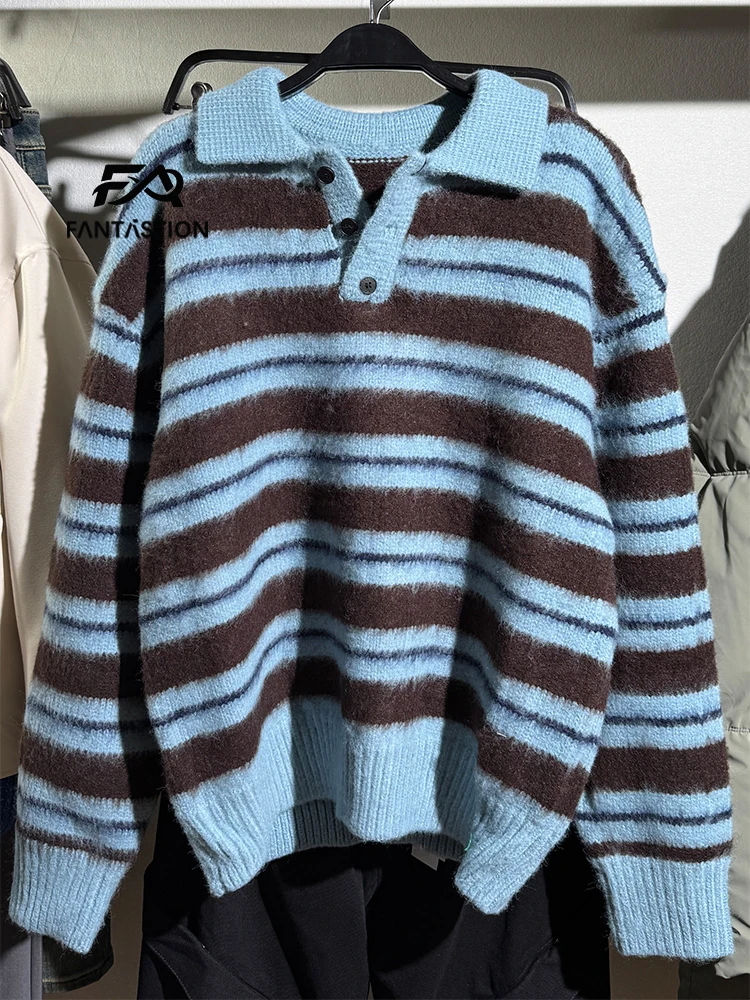 

Пуловер FANTASTION в стиле преппи с начесом, в полоску, с длинными рукавами, повседневный вязаный свитер-поло, унисекс, модная трикотажная одежда