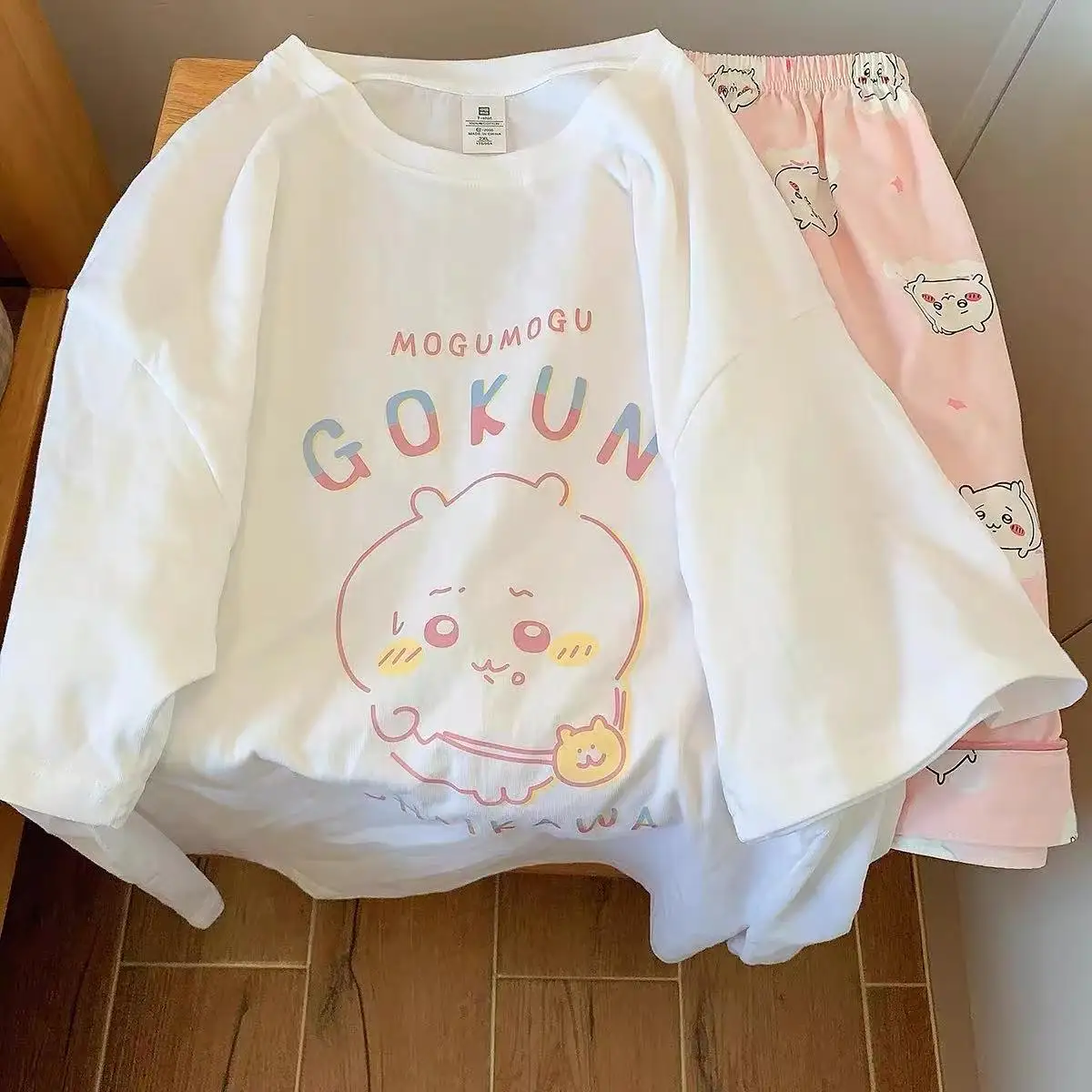 Anime Usag Hachiware Chiikawa Thin Pajamas Round Neck Loose Long-Sleeved Shirt Pants Cartoon Household Clothes Family Matching