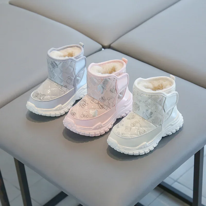 2024 Winter New Children Snow Boots Girls Soft Warm Short Boots with Thick Fur Princess Shoes Retro Cotton Shoes Baby Boots