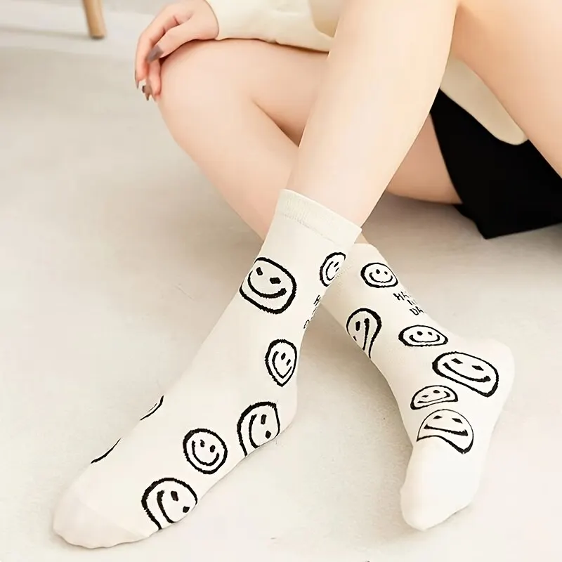 5 Pairs Happy Face Crew Socks , Cartoon Cat Breathable Cotton Mid Tube Socks, Women\'s Stockings & Hosiery