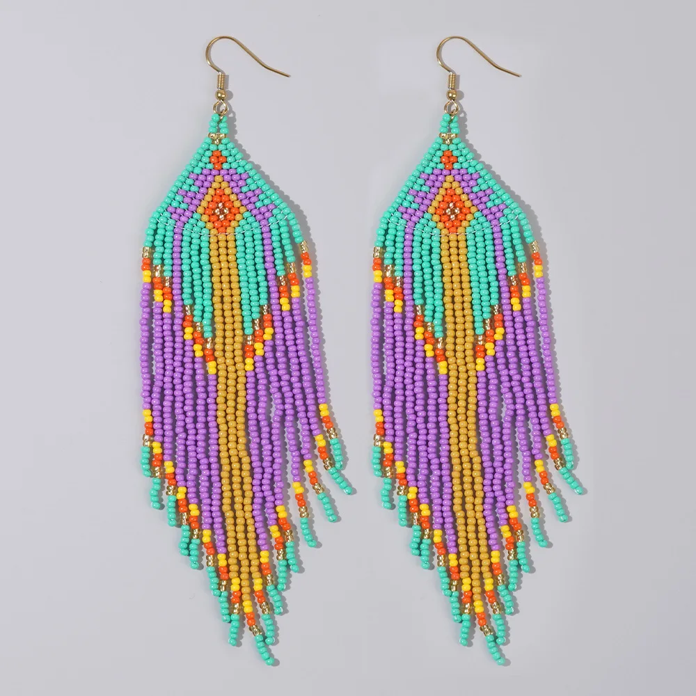

Bohemia Rice bead earrings Geometry Color mixing Long tassel Hand-woven Versatile female Beaded earrings Exaggeration