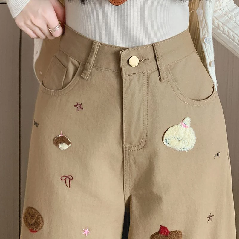 Vintage Preppy Baggy Scimitar Trouser Women Wide Leg Jeans Spring Sweet Cartoon Embroidery High Waist Casual Denim Pants Female