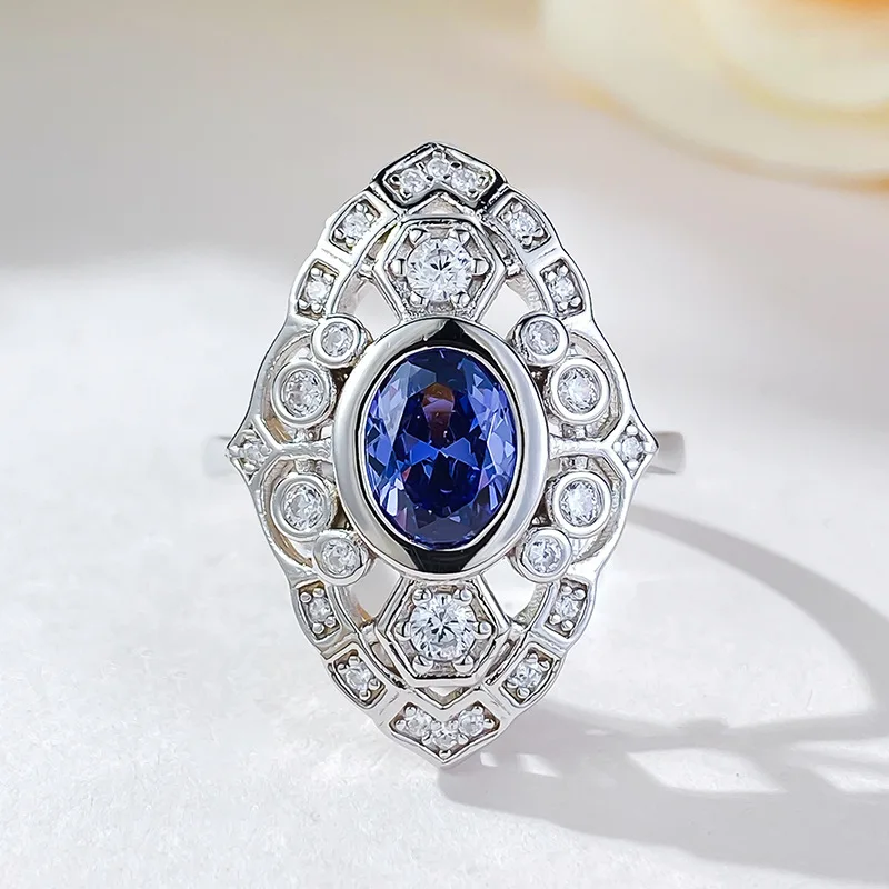 Longlong Gold Jewelry S925 Silver Simulated Sapphire 6 * 8mm Elliptical French Waltz Ring