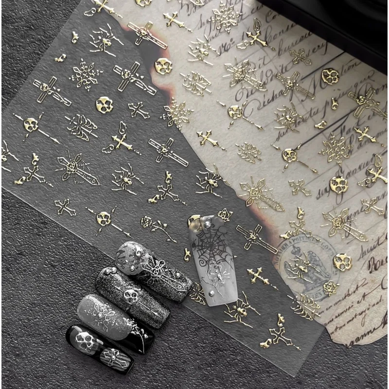 Retro Dark Nail Stickers Gold Silver Skull Flower Cross Pattern Self-adhesive 3D Embossed Slider Suitable Daily DIY Nail Design