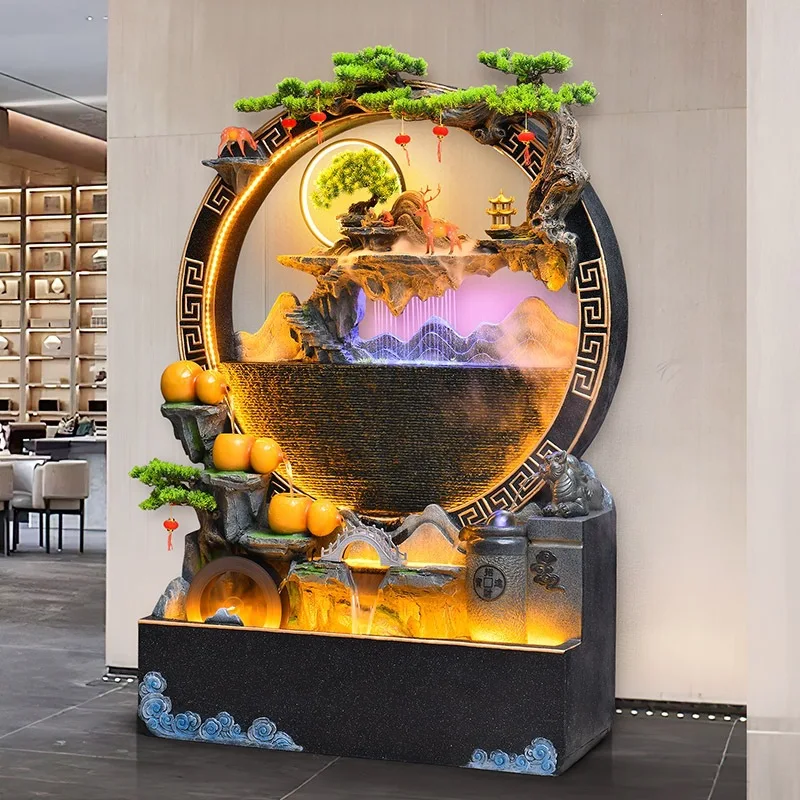 Water curtain wall, flowing water landscape, feng shui wheel, lucky entrance, living room, clubhouse, round fountain ornament