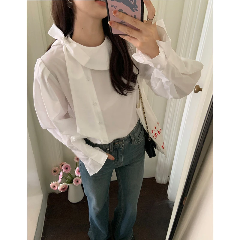 MEXZT Elegant White Shirts Women Vintage Bow Bandage Blouses Spring Office Lady Korean Long Sleeve All Match Chic Designer Tops