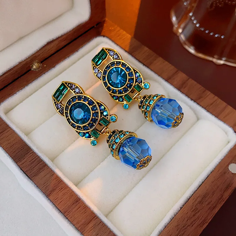 Lifefontier Luxury Palace Blue Rhinestone Big Clip On Earrings For Women Vintage Geometric Crystal Non Pierced Earring Jewelry