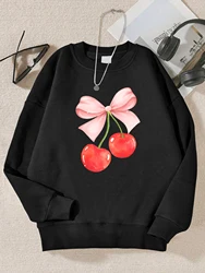 Pink Bow Cherry Design Printing Sweatshirt Women Harajuku Casual Pullovers Fashion Hip Hop Hoody Autumn Fur-Liner Woman Clothes