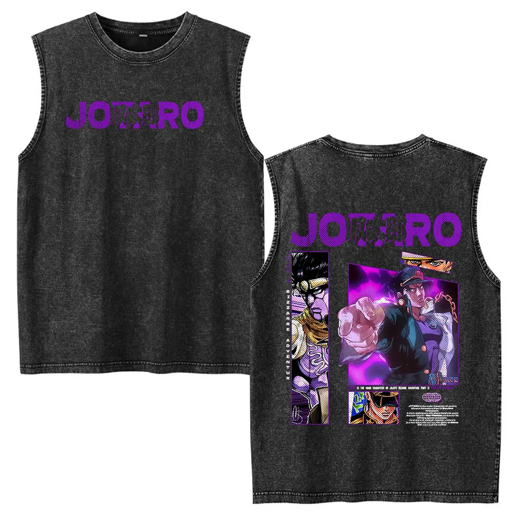 Anime JoJo Bizarre Adventure Kujo Jotaro Vintage Washed Tank Tops Men Women Clothing Fashion Oversized Sleeveless Vest T-shirts