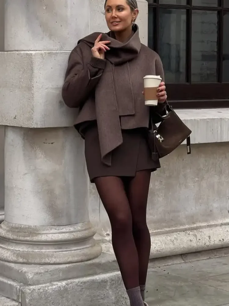 

Коричневое шерстяное пальто с шарфом и воротником, женское модное элегантное однобортное однотонное свободное пальто, повседневные уличные куртки для поездок на работу