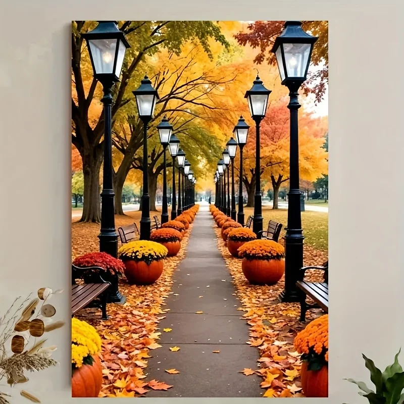 1pc Autumn Landscape Wall Art with Wood Frame - Rustic Classic Art Deco Vertical Canvas Print, Vibrant Fall Colors & Leaf Pat