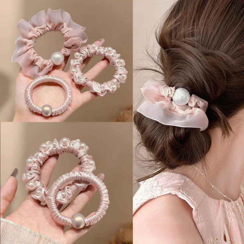 Chouchou coréen en satin rose avec perles, élastique à cheveux haute élasticité, attache-queue de cheval, accessoire capillaire, cadeau pour femme et fille, décoration