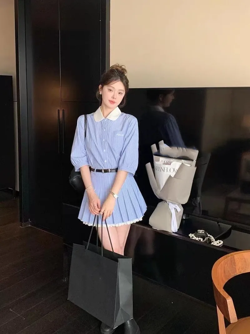 

Korean Fashion Contrasting Shirt Top 2024 Women's Summer New Style College Style Pleated Skirt Two-piece Set Female Clothing