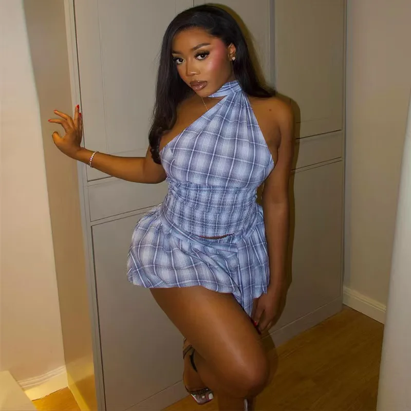 

Faionable клетчатый комплект с открытыми плечами, жилет с подвеской на талии и юбкой, женский осенний облегающий костюм из двух предметов